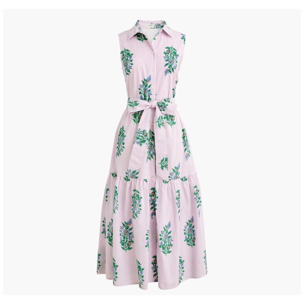 J Crew Pink Stripe Floral Tiered Sleeveless Shirt‎ Dress Maxi Size 10 no belt